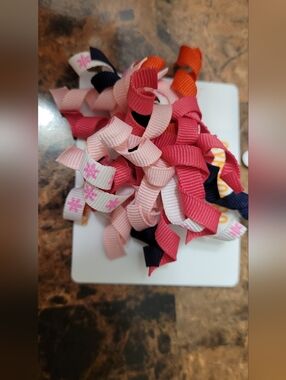 Gymboree Kids Curly Korker Ribbon Hair Ties - Pink & Navy Mix NWT